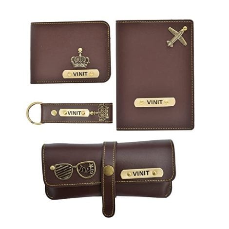 Customized Brown Ahimsa Leather Birthday Gift Set for Men, including Wallet, Keychain, Sunglasses Case, and Passport Cover. Perfect for Brother, Husband, Father, and Boyfriend.