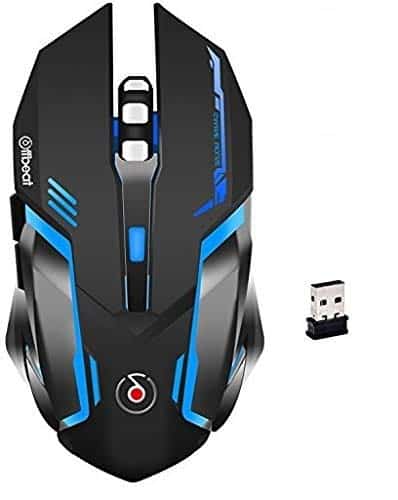 Lightweight rechargeable wireless gaming mouse with silent click buttons, DPI selection, and compatibility with various devices.