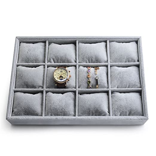 DOOR STEP SHOPPING 12 Watch Velvet Jewellery Drawer Organizer Tray Stackable Jewellery (Grey)