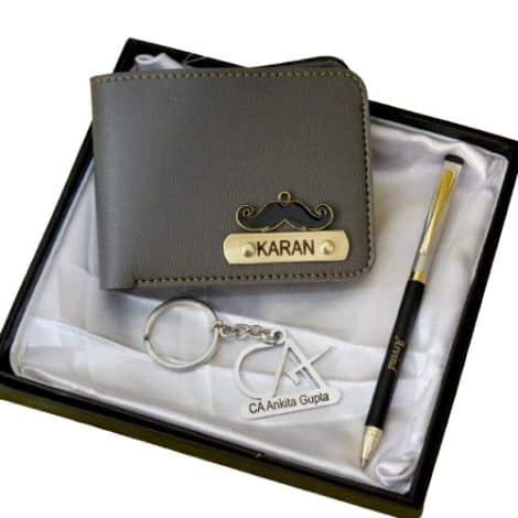 Ideal customized gift combo for Chartered Accountants – SAVRI Pen, Stainless Steel Keychain, Leather Wallet.