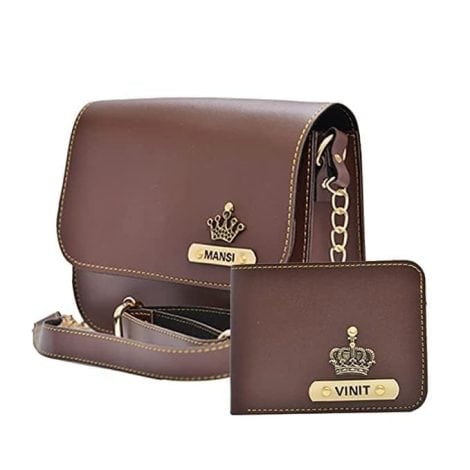 Customizable couple gift set with personalized wallets and sling bags for Indian husbands and wives.