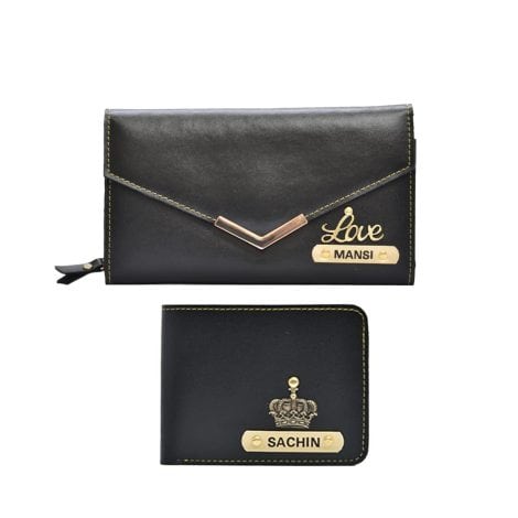 Personalized Wallet for Couples, Anniversary and Wedding Gift Set, with Name & Charm – Black.