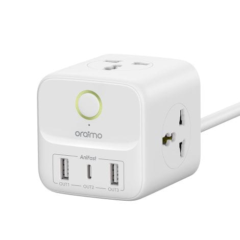 Oraimo Cube Power Station: 3 Sockets, 2 USB, 1 Type-C, Quick Charge, 20W, 1.5m Cord, Safe for India.