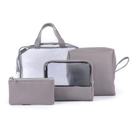 Grey Set of 4 Zipped Pouches of Different Sizes, Ideal Travel Essentials Kit for Indian Men & Women, Waterproof Vegan Leather.