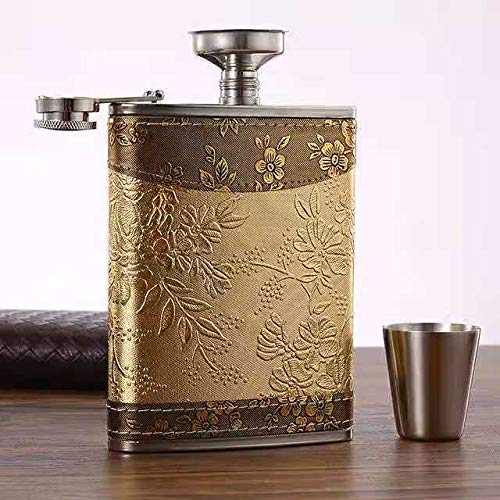 jettaex Golden pattern 8 Oz Gift 100% Stainless Steel(304/18-8 SS).Bonus 2 Shot Glass+1Funnel+1Giftbox.Flask Leak Proof Tested.Flask for Liquor/Alcohol.Flask for Men/Women