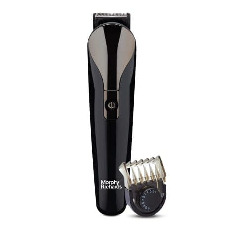 Morphy Richards AstonX BT2220 beard trimmer for men: 3-month trimming, 2-hour USB charge, 11 settings, cordless and cord usage, quick charge, 2-year warranty, black & chrome.