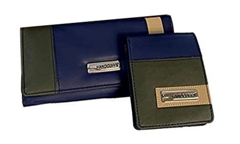 Gift set of matching handcuffs and wallets in blue PU leather for Indian couples.