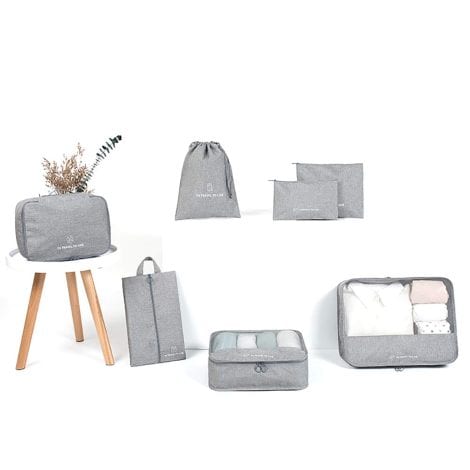 AINAAN Travel Storage Bag / 7 pc Set Luggage Organizer Pack + Compression Pouch, 2019, Gray.