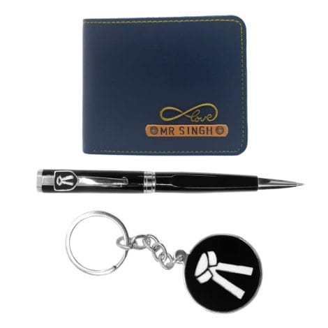 The Bling Stores: Personalized Genuine Leather Wallet & Advocate Pen Key Chain Combo Set, a Perfect Gift for Indian Men. (Blue color)