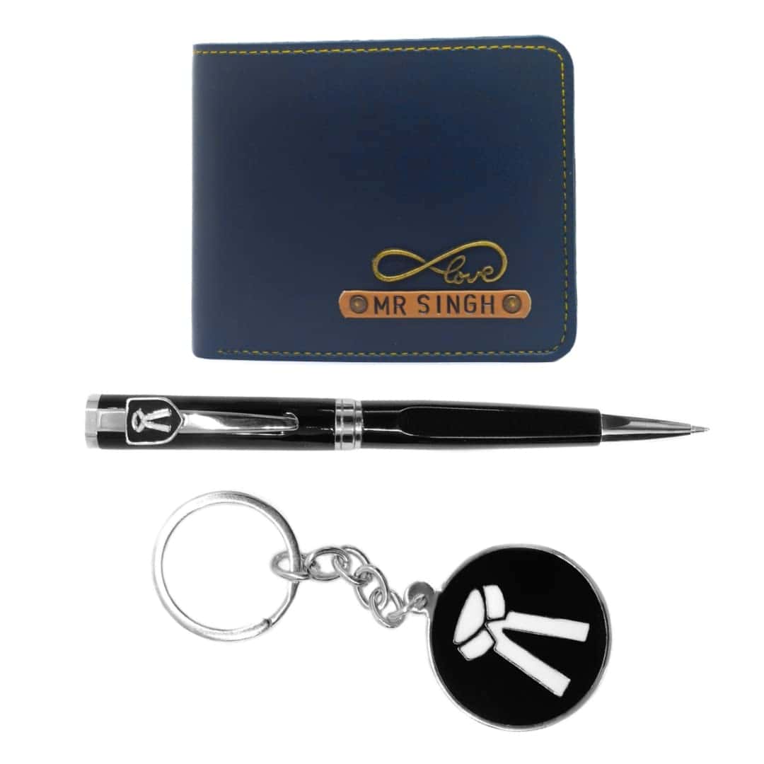 The Bling Stores Customized Personalized Name Genuine Pu Leather Wallet & Advocate Pen Key Chain Combo Set For Men/Personalized Birthday,Valentine Gift For Men/Rakhi, Diwali Gift Hamper(Blue ).