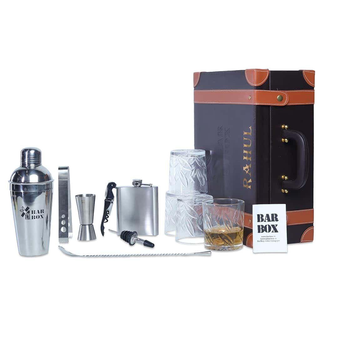 Bar Box Portable Bar Set 4 Whiskey Glasses, Cocktail Shaker Set Bar Tools - Brown Leatherette Bar Kit Stainless Steeel Accessories for Home - Perfect Bar Setup & Decor Wine Opener and Peg Measure