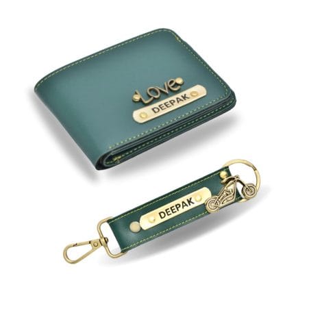 Greet ‘n’ Gift Leather Wallet and Keychain Set, Personalized for Him – Great Birthday Surprise – Green.