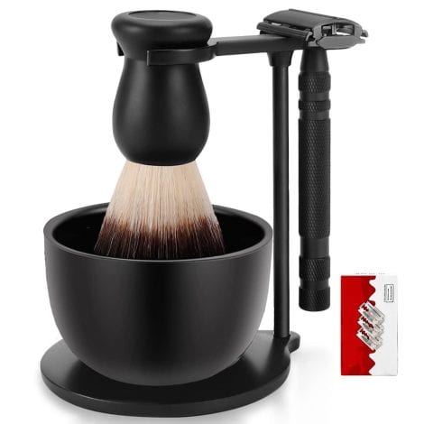 Incredible Black Men’s Shaving Kit – Razor, Brush, Stand, Soap Bowl, and Premium Blades.