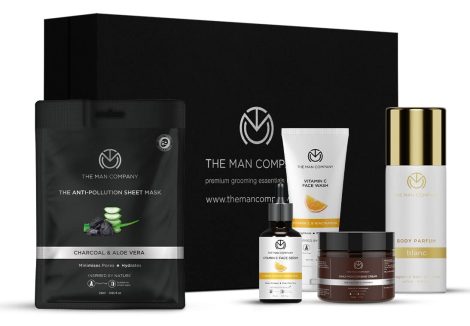 The Man Company Complete Skin Care Set for men with Vitamin C cleanser, serum, moisturizer, perfume, and sheet mask. Includes Hyaluronic Acid.