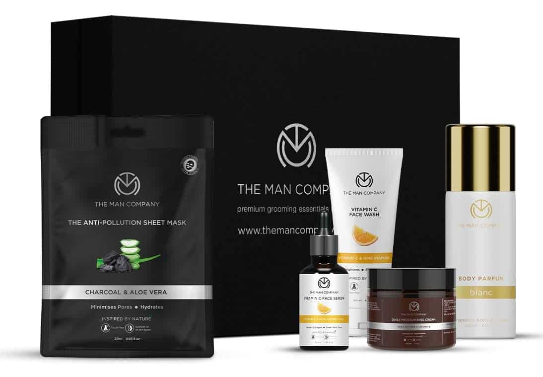 The Man Company Skin Care Kit with Vitamin C Face Wash, Face Serum, Daily Moisturising Cream, No Gas Perfume for Men & Charcoal Sheet Mask | Enriched with Hyaluronic Acid - Pack of 5