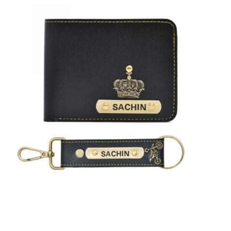 Personalized Leather Wallet Combo with Keychain and Charm – Ideal Birthday Gift for Men in Black.