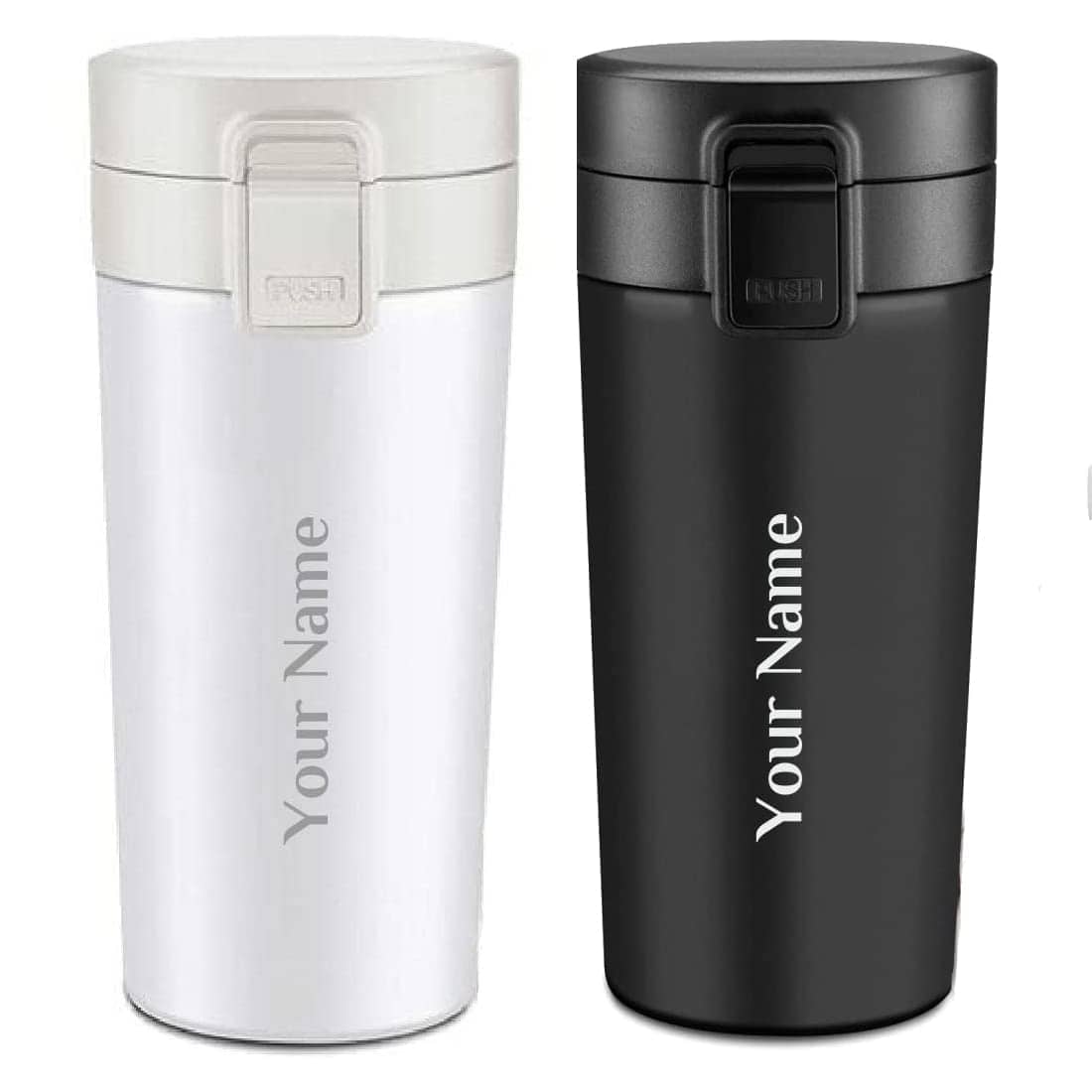 Giftana Coffee Tumbler Set of 2, Customized Name Gifts for Couple, Personalized Double Wall Stainless Steel Vacuum Insulated Coffee Mugs Marriage Gift for Couples Customized Name, 380ml, Black & White