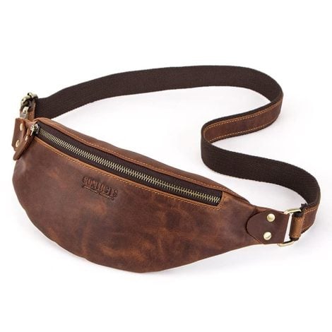 Adjustable Belt & Brass Lock Genuine Leather Hip Bum Bag for Men and Women.