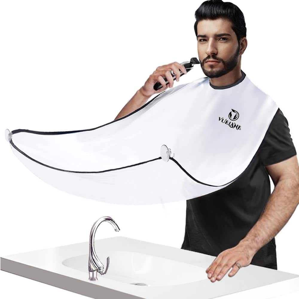 Beard Trimming Catcher Bib - Beard Bib Hair Catcher Apron, Men's Beard Shaving Trimming Cape, Anti Stick Beards, with Strong Suction Cups, Gifts for Husband Father, White