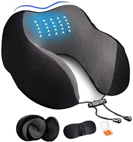 ADOFYS Memory Foam Travel Neck Support Rest Pillow Eye Mask, Noise Isolating Ear Plugs Portable Combo (Black)