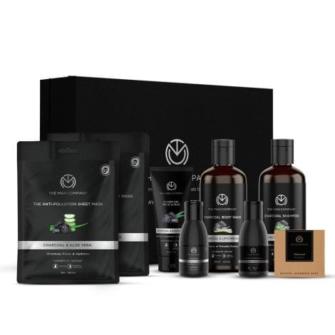 The Man Company Charcoal Detan Kit: Body care set with luxurious gift box, perfect for men’s grooming.