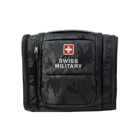 Swiss Military travel bag for men and women, ideal for carrying toiletries, black with camouflage print.