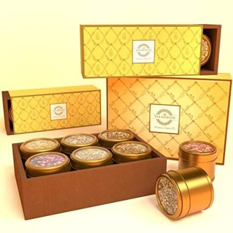 Tea Gift Box with 6 Assorted Teas – Kashmiri Kahwa, Saffron Masala Chai, Lemongrass Green Tea, Mint Green Tea, Turmeric Herbal, Stress Relief (Lavender Tea) – 200g.