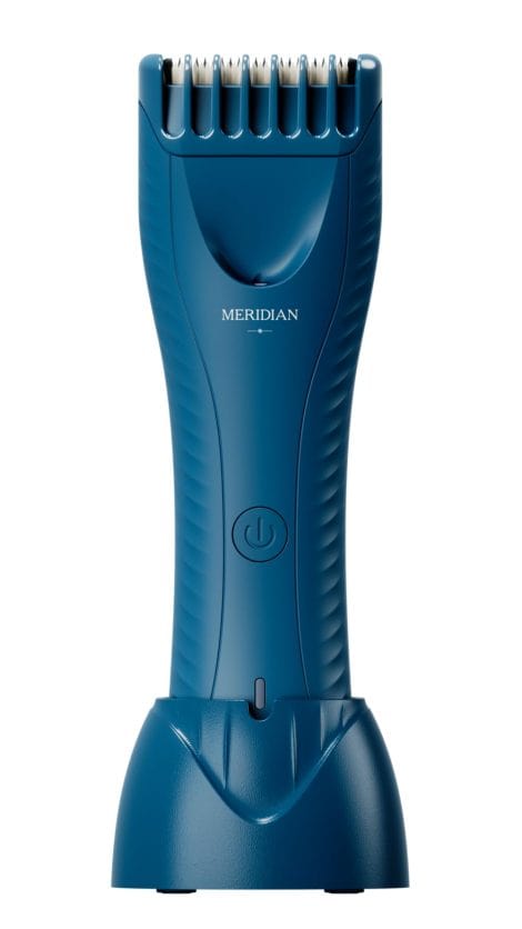 Meridian’s Ocean Blue Trimmer is a painless, waterproof, cordless tool for removing body and pubic hair.