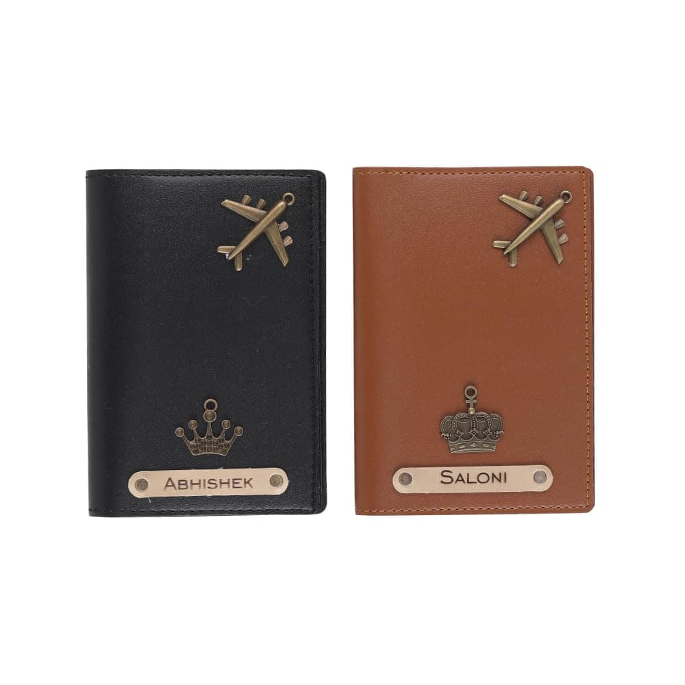 AICA Personalised Name, Charm & Color Leather Passport Cover Gift Set for Couple - 2 pcs | Wedding Anniversary Marriage Gifts for Couple Friend Husband Wife