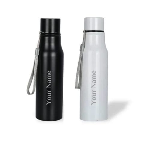 Giftana Customized Diwali Water Bottle Set: 2 Personalized Stainless Steel Bottles, 750ml, Single Walled, Black/White.