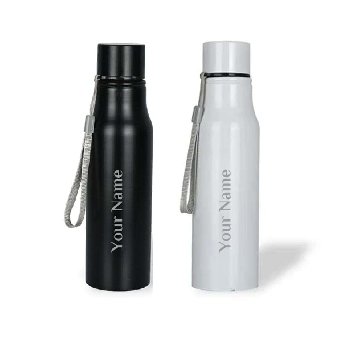 Giftana Personalized Water Bottle with Name, Pack of 2, Custom Engraved Stainless Steel Water Bottle 750ml, Single Walled Fridge Water Bottle Gift Set Customized Diwali Gifts, Black and White