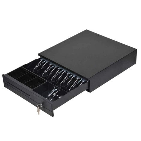 Sleek black cash drawer for Point of Sale system, perfect for Indian stores and businesses.