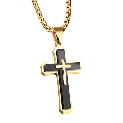 Black Cross Pendant for Car Decor with Stainless Steel Necklace. Perfect Religious Gift for Indians.