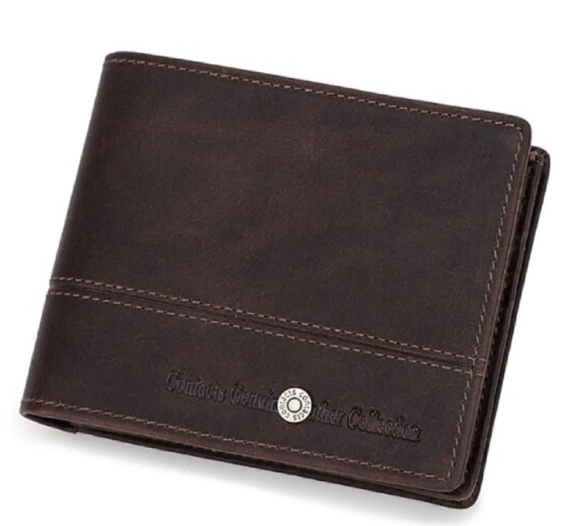 Contacts Men's Genuine Leather Wallet | RFID Blocking Wallet for Men| 14 Card Slots, 1 ID Window | 1 Zipper Coin Pocket (Brown)