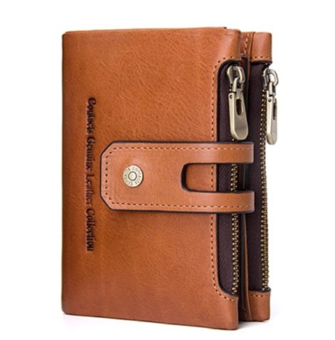 Genuine Leather Wallet for Men with RFID Blocking, 14 Card Slots, 1 ID Window, 2 Zipper Compartments, Beige.