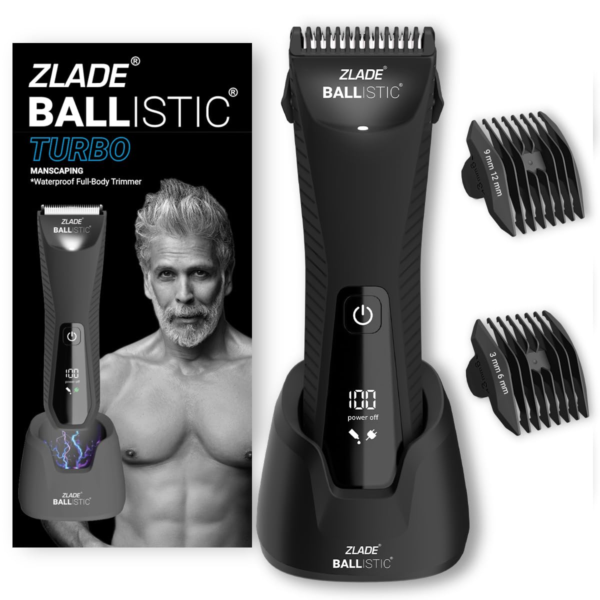 Zlade Ballistic TURBO 3.0 Manscaping Body Trimmer for Men | Private Part Shaving | Beard, Pubic Hair Groomer | Waterproof, Cordless, Rechargeable | Wireless Fast Charging, Travel Lock | 1.5mm Sensitive Comb, Zero Nicks or Cuts