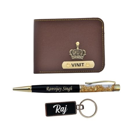 Personalized Vegan Leather Men’s Wallet set with Pen and Metal Keychain. Perfect gift for Indian men.