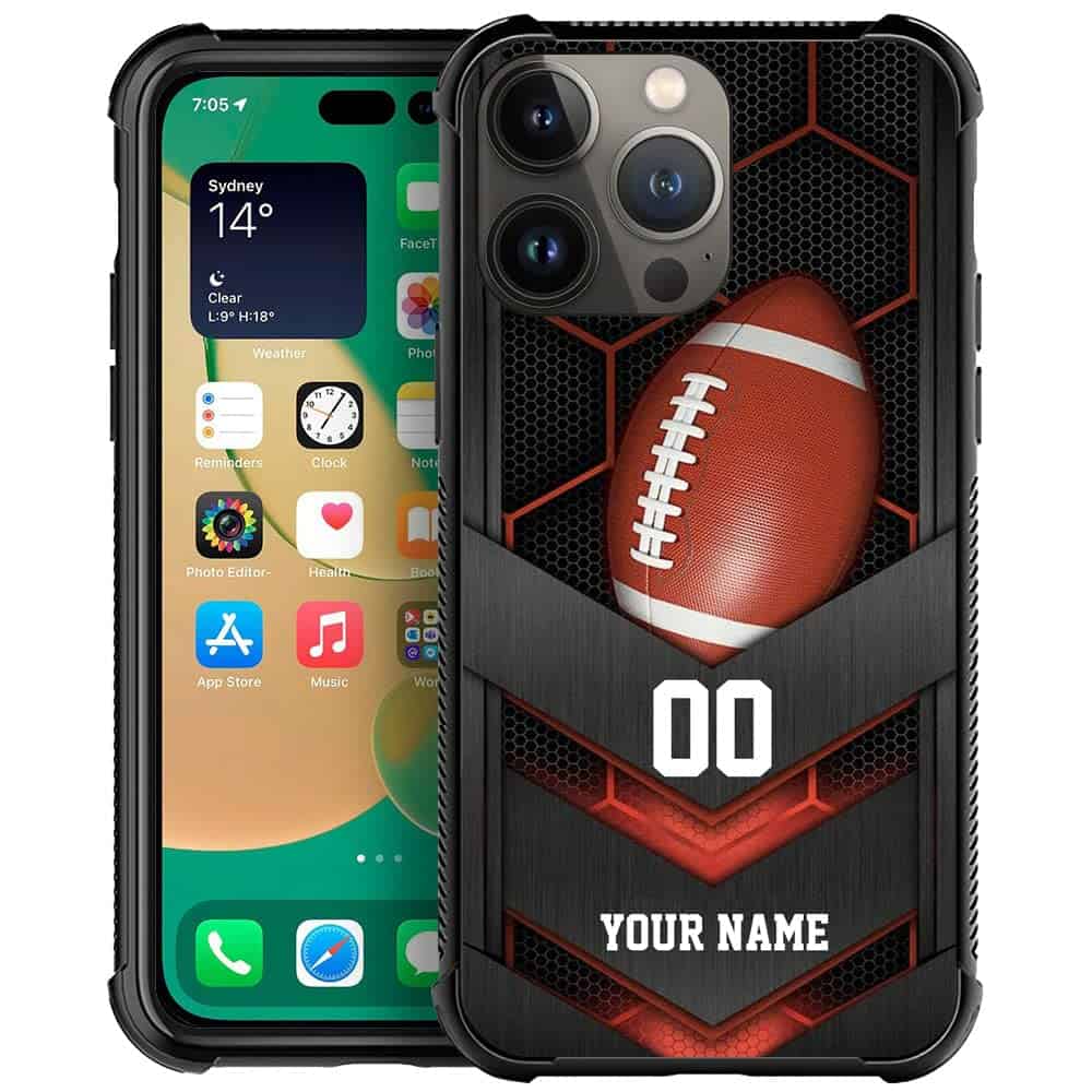 Personalized Football Sport-Custom Name Number Custom Phone Case Cover Apple iPhone 14 Pro Max 14 PLUS/13 12 11 Pro Max Mini/Xs X Max Xr/7 8 Plus SE2 2021 for Men Women Fans Gift