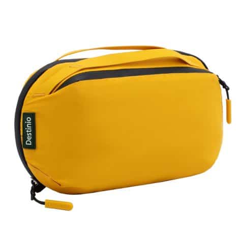 Travel essential bag for men and women with hanging hook, waterproof and spacious, in yellow.