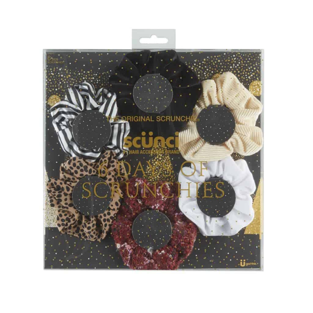 The Original ScrunchieÃ‚® Six Days of Scrunchies Glamour Gift Set Includes 6 Unique Designs: Tan Dot Chiffon, White Velour, Black Velvet, Black & White Striped Satin, Beige Corduroy in Presentation Box