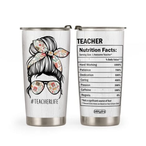 20-ounce Teacher Life Facts tumbler, perfect gift for Indian teachers – keeps drinks hot/cold.