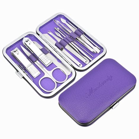 12-piece stainless steel manicure set with nail clippers and leather case, suitable for both genders. (Purple)