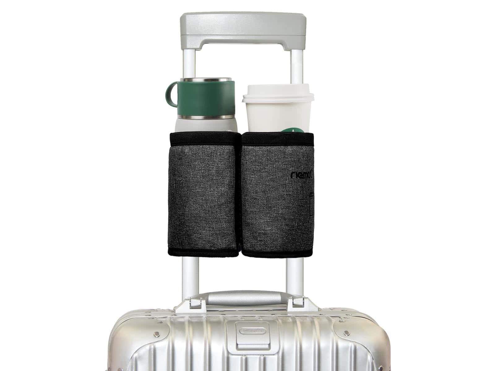 riemot Luggage Travel Cup Holder Free Hand Drink Caddy - Hold Two Coffee Mugs - Fits Roll on Suitcase Handles Carbon Black