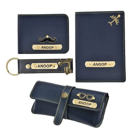 Customized Blue Men’s Gift Set: Vorak Ahimsa Leather Wallet, Keychain, Sunglasses Case, and Passport Cover. Perfect for Brother, Husband, Father, Boyfriend.