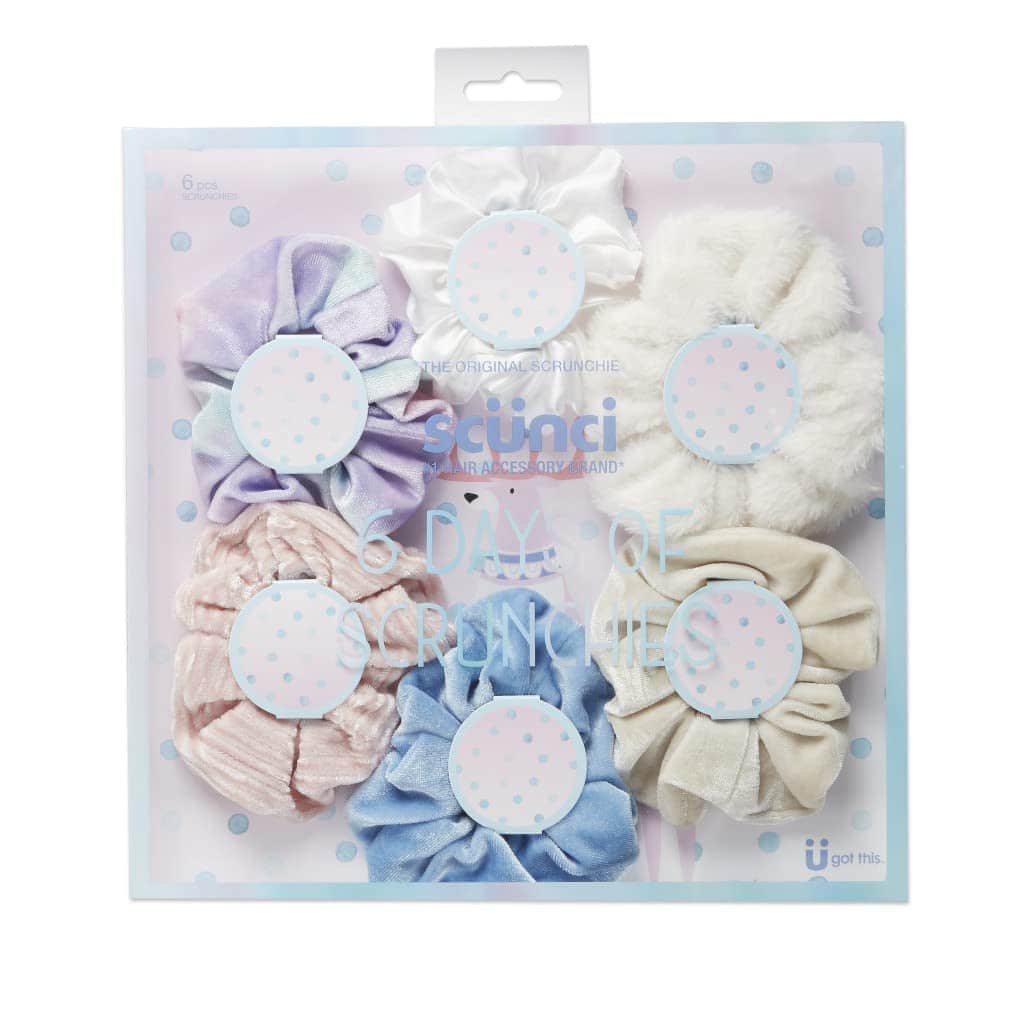 The Original ScrunchieÃ‚® Girls Fashion Gift Set Includes 6 Unique Designs: Pastel Rainbow Velvet, Cream Velour, Pink Velvet, White Faux Fur, Blue Velour, White Satin in Presentation Box