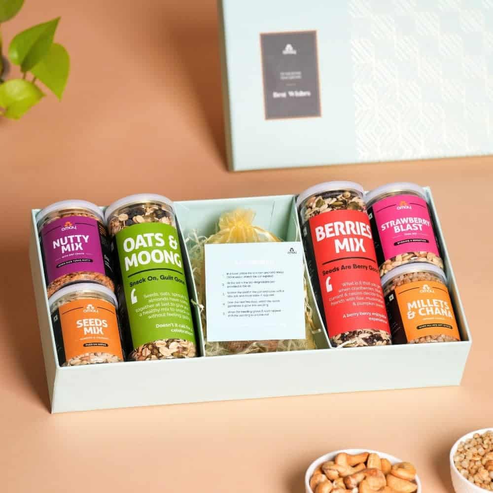 Omay Foods Healthy Grow Kit Gift Box I Roasted Snacks, Plantable Seeds Set I Corporate Gifts I Personal Gifts I Healthy Snack I Gift for Birthday, Anniversary I Gourmet Snack Box