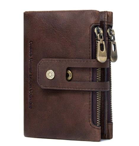 Men’s Genuine Leather Wallet with RFID Blocker, 14 Card Slots, 1 ID Window, 2 Zip Compartments (Brown)