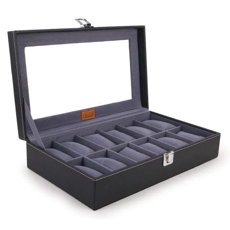 LEDO Watch Box: 12-slot PU Leather Organizer for Men and Women’s Watches in Black & Gray.