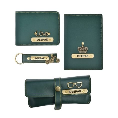 Green Customized Men’s Gift Set: Ethical Leather Birthday Surprise for Brother, Husband, Father, Boyfriend.