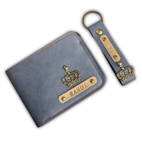 The Customized Men’s Gift Set: Personalized Wallet, Keychain with Name Tag and Charms in Grey.